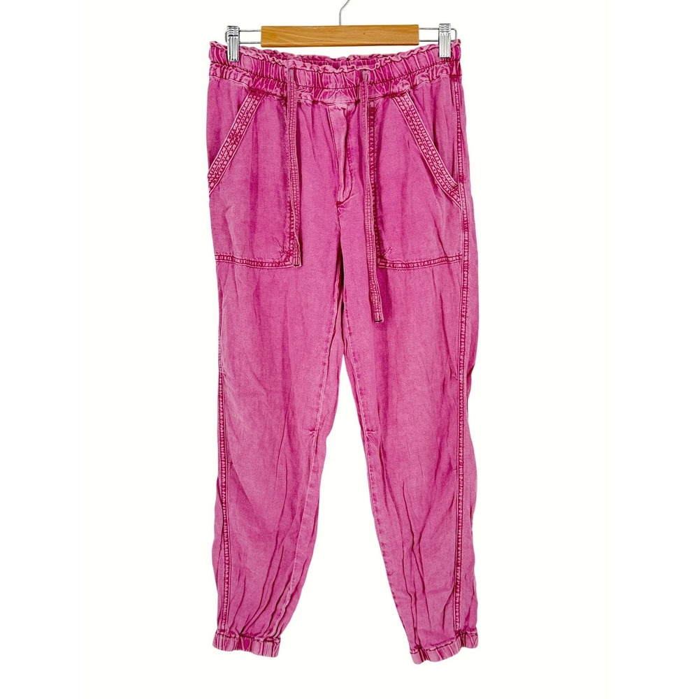 Anthropologie Pink Linen Blend Jogger Pants Acid Wash Cargo Tapered Womens S